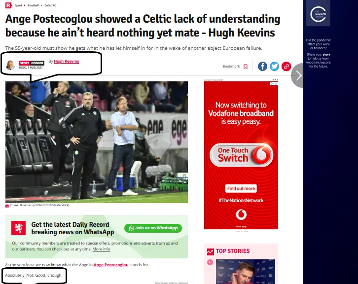 Hugh Keevins, Ange Postecoglou