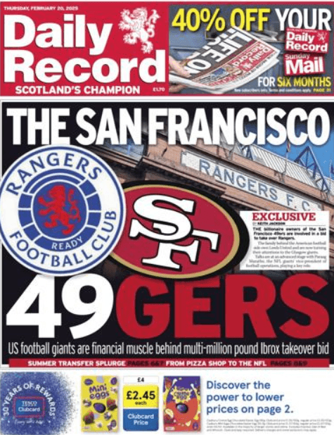 Daily Record, 49ers, shares, Jackson, Keevins, Ibrox